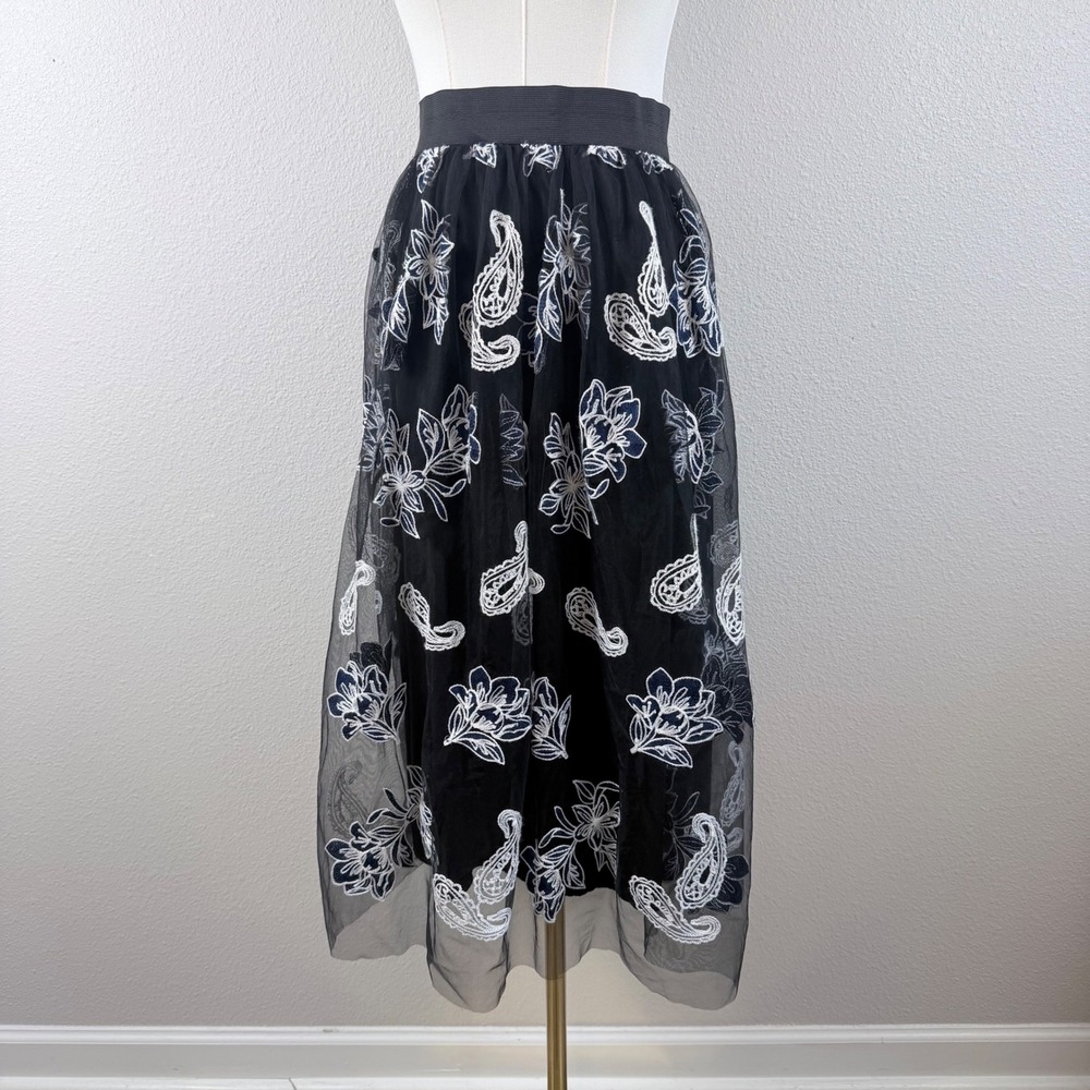 Black Mesh Embroidered Floral Paisley Midi Skirt Large